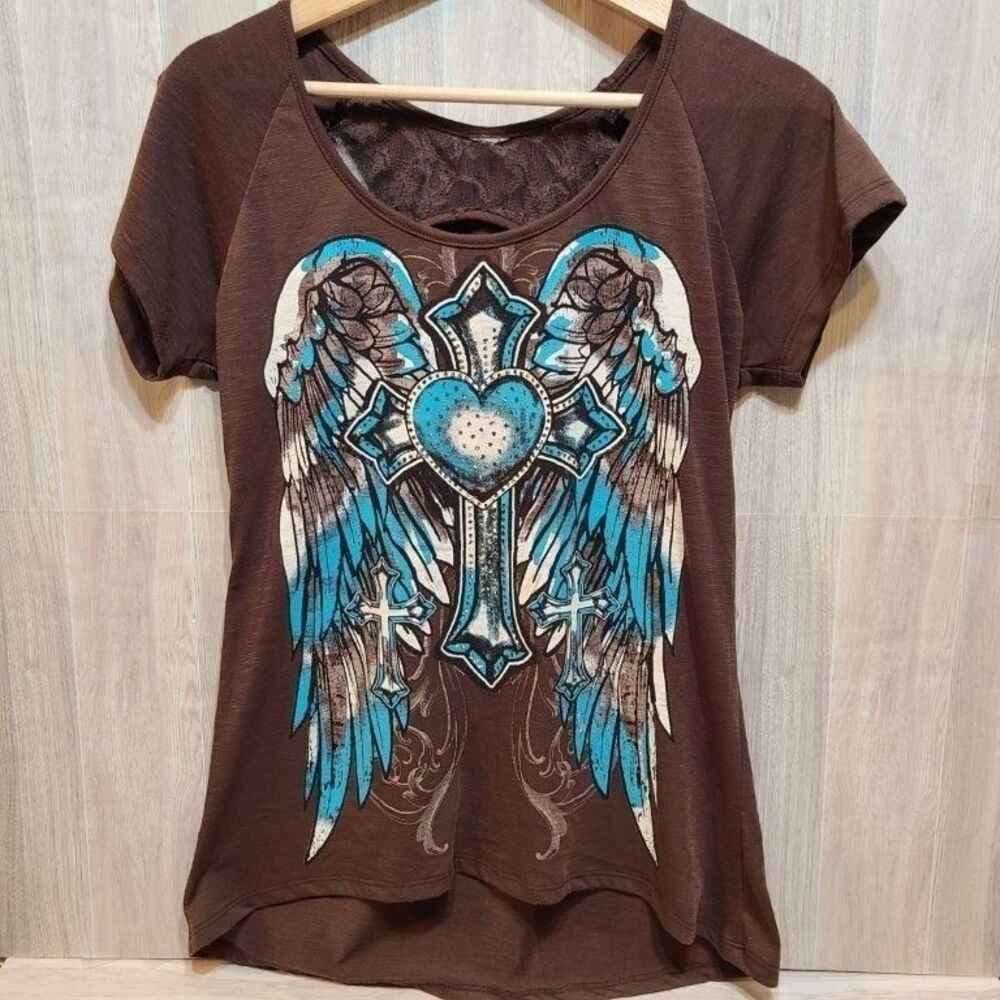 Vocal Womens Y2K Western Top Brown Turquoise Cross Angel Wings Heart Sheer Lace